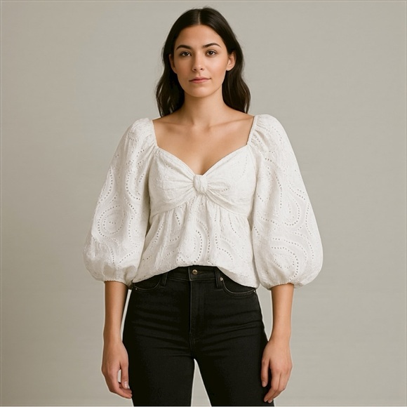 Banana Republic Tops - 🤍 Banana‎ Republic White Eyelet Puff Sleeve Peplum Blouse | NWT | M
